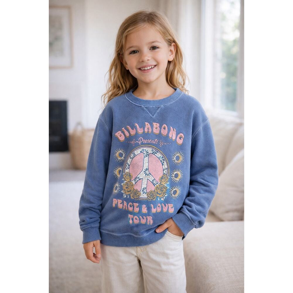 Billabong Girls Sweatshirt Size 6 Blue Peace Love Tour Graphic Fleece Pullover
